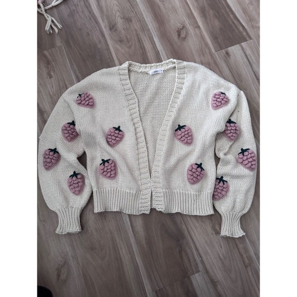Talulah Cream 3d Strawberry Applique Knit Cardigan Sweater M Balloon Sleeve‎ t2 - Picture 2 of 7